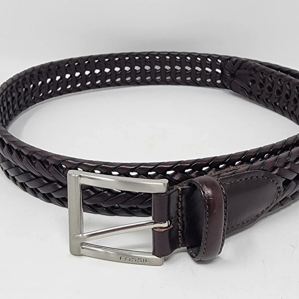 Fossil Dark Brown Leather Belt Men's 32 Silver Tone Buckle Woven